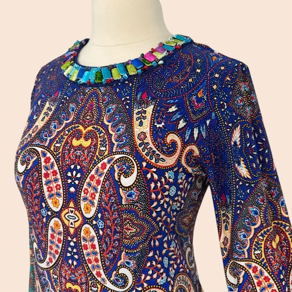 Boho Paisley Beaded Neck Cocktail Sheath Dress Teal Multi Size 10